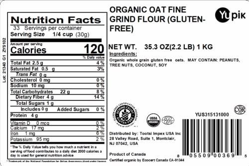 image:imageYupik Organic Oat Flour GlutenFree 22 lb 352 oz NonGMO Vegan Kosher Finely Ground Whole Grain Oats SaltFree OilFree Fine Meal Good Source of Fiber Ideal for Baking amp CookingGlutenFree Fine Grind Oat