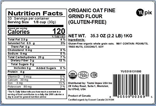 image:imageYupik Organic Oat Flour GlutenFree 22 lb 352 oz NonGMO Vegan Kosher Finely Ground Whole Grain Oats SaltFree OilFree Fine Meal Good Source of Fiber Ideal for Baking amp CookingGlutenFree Fine Grind Oat