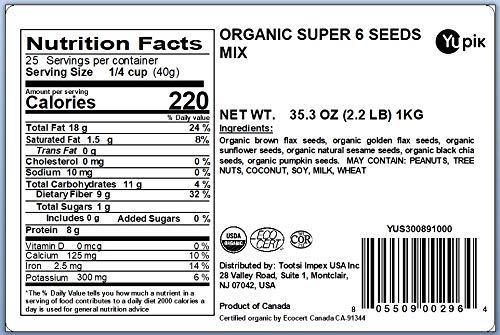 image:imageYupik Organic Super 6 Seeds Mix 22 lb 352 oz GMOFree Kosher Vegan Rich in Fiber Nutritious Raw Snack amp Topping With Brown amp Golden Flax Seeds Sunflower Sesame Chia amp Pumpkinraw super 6 seeds mix