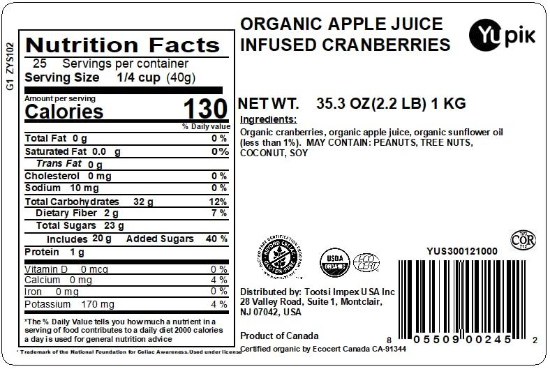 image:imageYupik Organic Cranberries Apple Juice Infused 22 lb 352 oz NonGMO GlutenFree Vegan Kosher Dried Fruits No Added Sugar Plump amp Chewy Source of Fiber For Baking amp Topping22 Pound Pack of 1