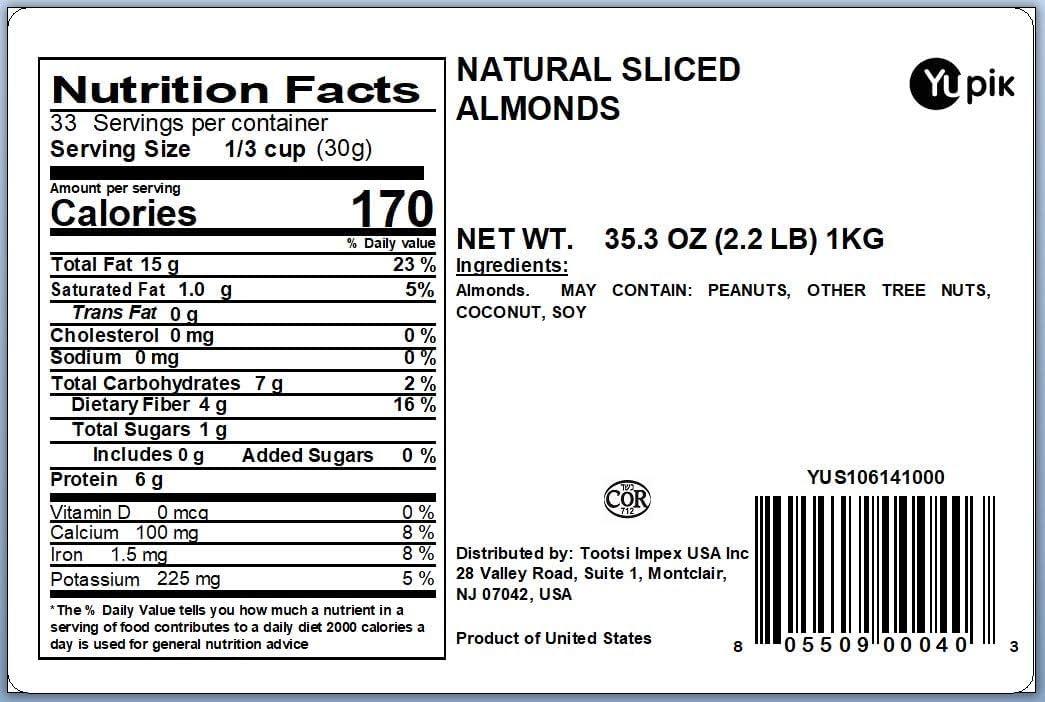 image:imageYupik Sliced California Almonds with Skins 22 lb Unblanched GlutenFree Kosher Raw Good Source of Protein Fiber Iron amp Calcium Low in Carb Pack of 122 Pound Pack of 6