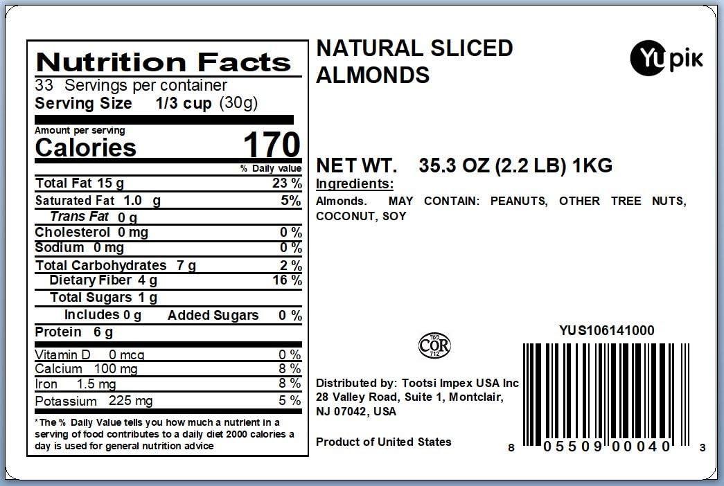 image:imageYupik Sliced California Almonds with Skins 22 lb Unblanched GlutenFree Kosher Raw Good Source of Protein Fiber Iron amp Calcium Low in Carb Pack of 122 Pound Pack of 1