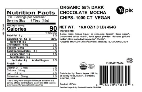 image:imageYupik Organic 55 Pure Dark Chocolate Mocha Chips 1000 Ct 1 lb Made With Roasted Ground Coffee Vegan GMOFree Vegetarian GlutenFree Lactose Free Brown Pack of 11 lb Pack of 1